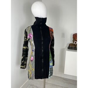 Nepal 100% Cotton Artsy Art to Wear High Neck Mini Dress Zip Up Top Size